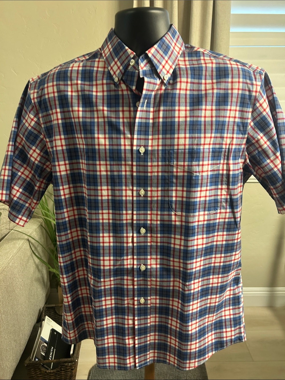 Jos. A. Bank Short-Sleeve Plaid Button-Down Shirt - Navy & Red